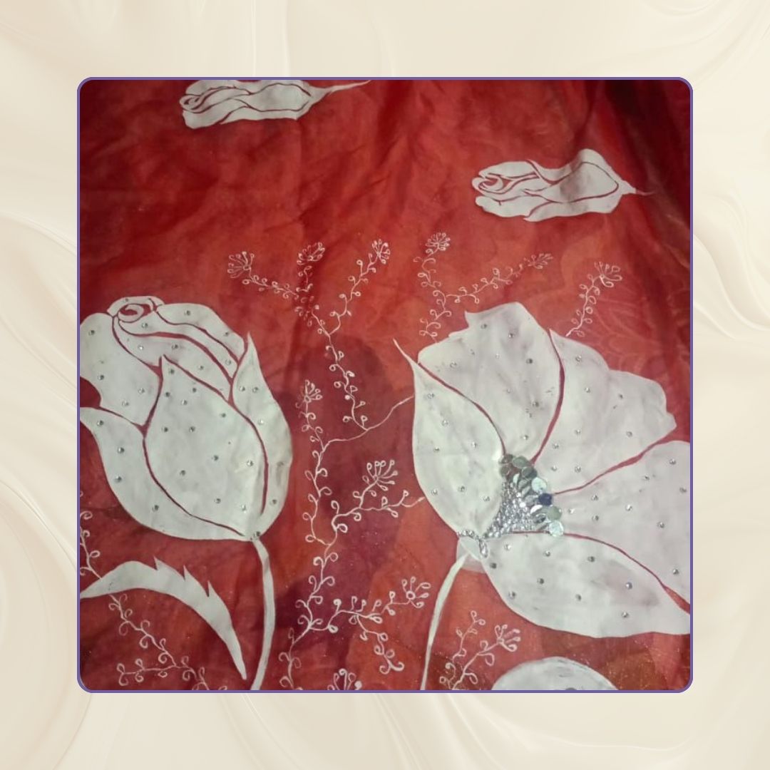 Crimson Bloom - Hand-Painted Dupatta with Embellishments